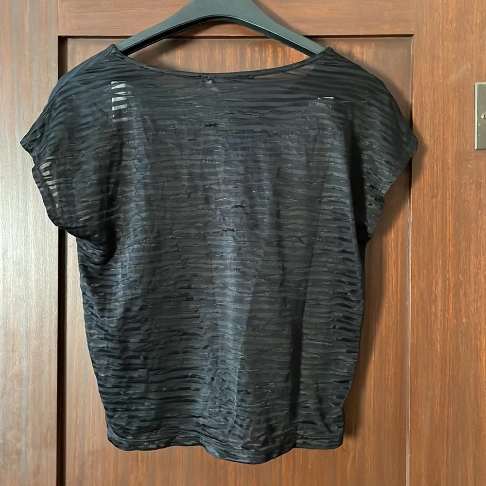 Super Soft Sheer Mesh Patterned Black Stripe Boxy Cap Sleeve Tee - Picture 2 of 3